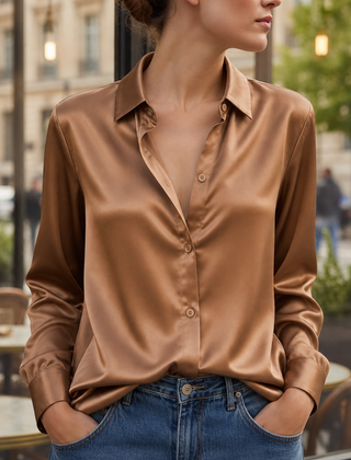 Sifnos Satin Button-Down Blouse in Coffee