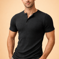 Comfortable men's slim fit ribbed henley tee. Short sleeve design with a stylish button placket for versatility.