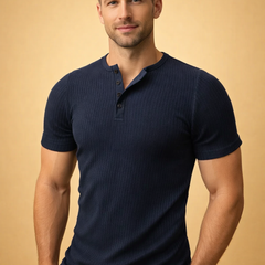 Men's stylish short sleeve ribbed henley tee. Comfortable slim fit shirt with a classic button placket detail.