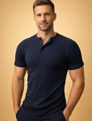 Men's stylish short sleeve ribbed henley tee. Comfortable slim fit shirt with a classic button placket detail.