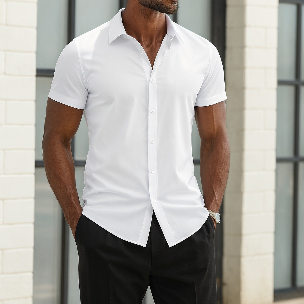 Men's White Shirt | Short Sleeve Collar Button Closure