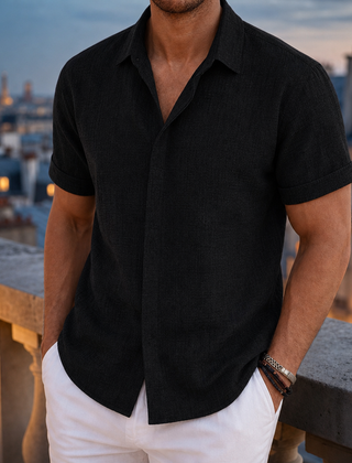 Trani Linen Blend Button Shirt in Black