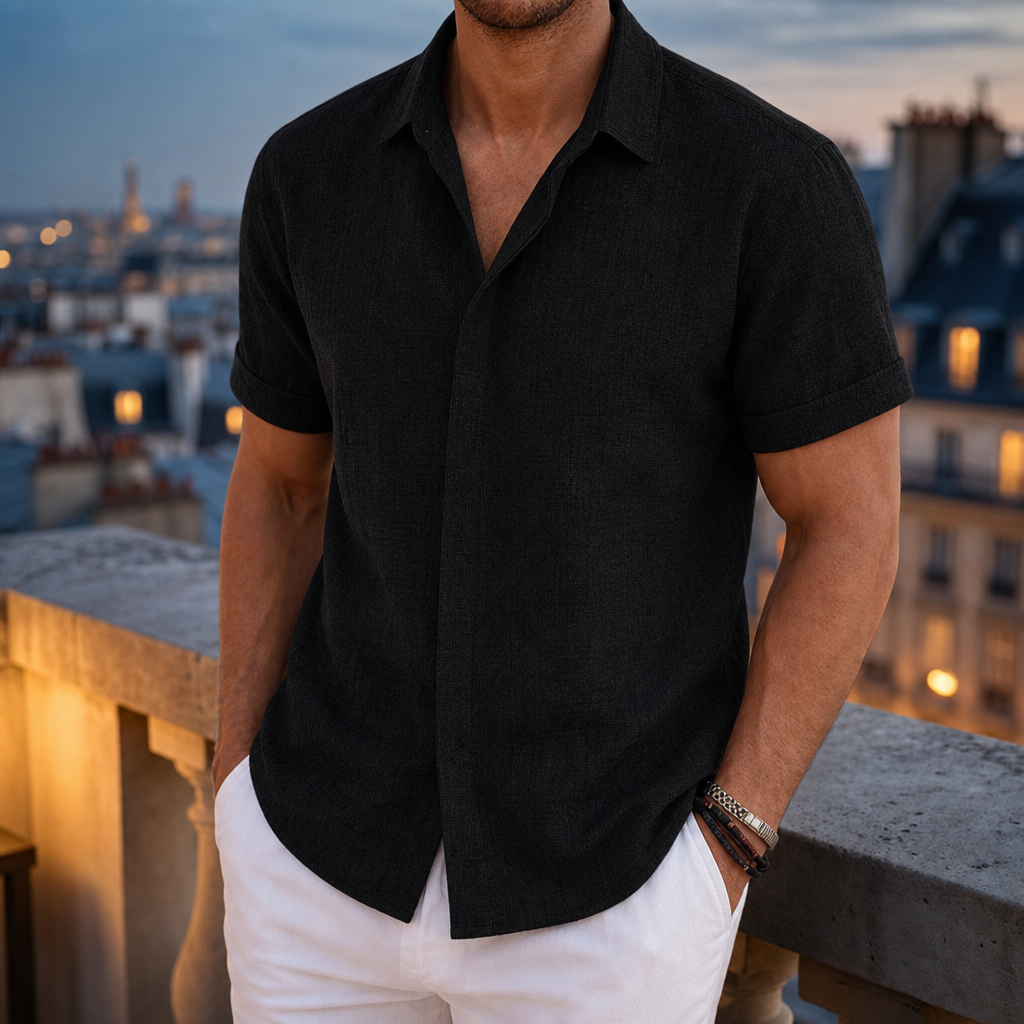 Trani Linen Blend Button Shirt in Black