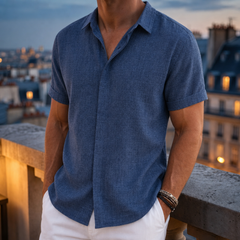 Trani Linen Blend Button Shirt in Blue