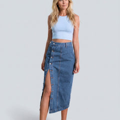 Women's Denim Skirt | Midi Length Button Front High Waist