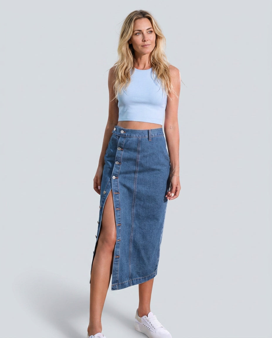 Women's Denim Skirt | Midi Length Button Front High Waist