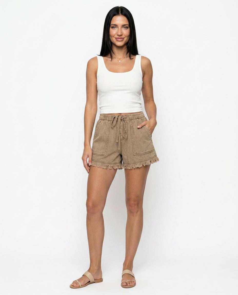Women's Mini Shorts | Elastic Waist Raw Hem Denim
