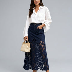 Women's Denim Skirt | Maxi Lace Panel Button Front Scalloped