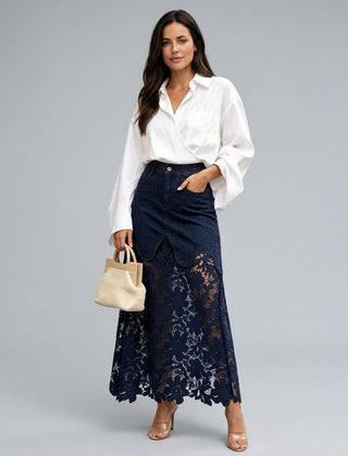 Women's Denim Skirt | Maxi Lace Panel Button Front Scalloped