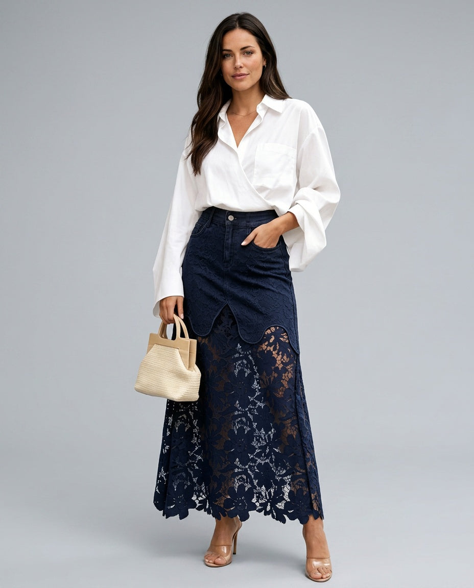 Women's Denim Skirt | Maxi Lace Panel Button Front Scalloped