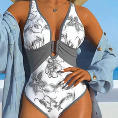 Women's Period Swimwear | Deep V Neckline Ruched Center Ring Detail Floral