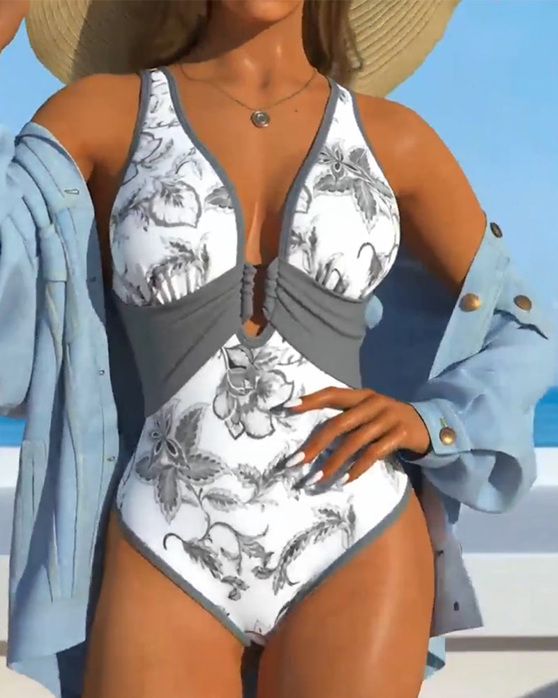 Women's Period Swimwear | Deep V Neckline Ruched Center Ring Detail Floral