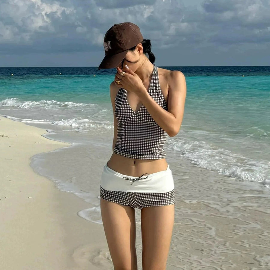 Women's Tankini | Halter Neck Gingham Contrast Waist