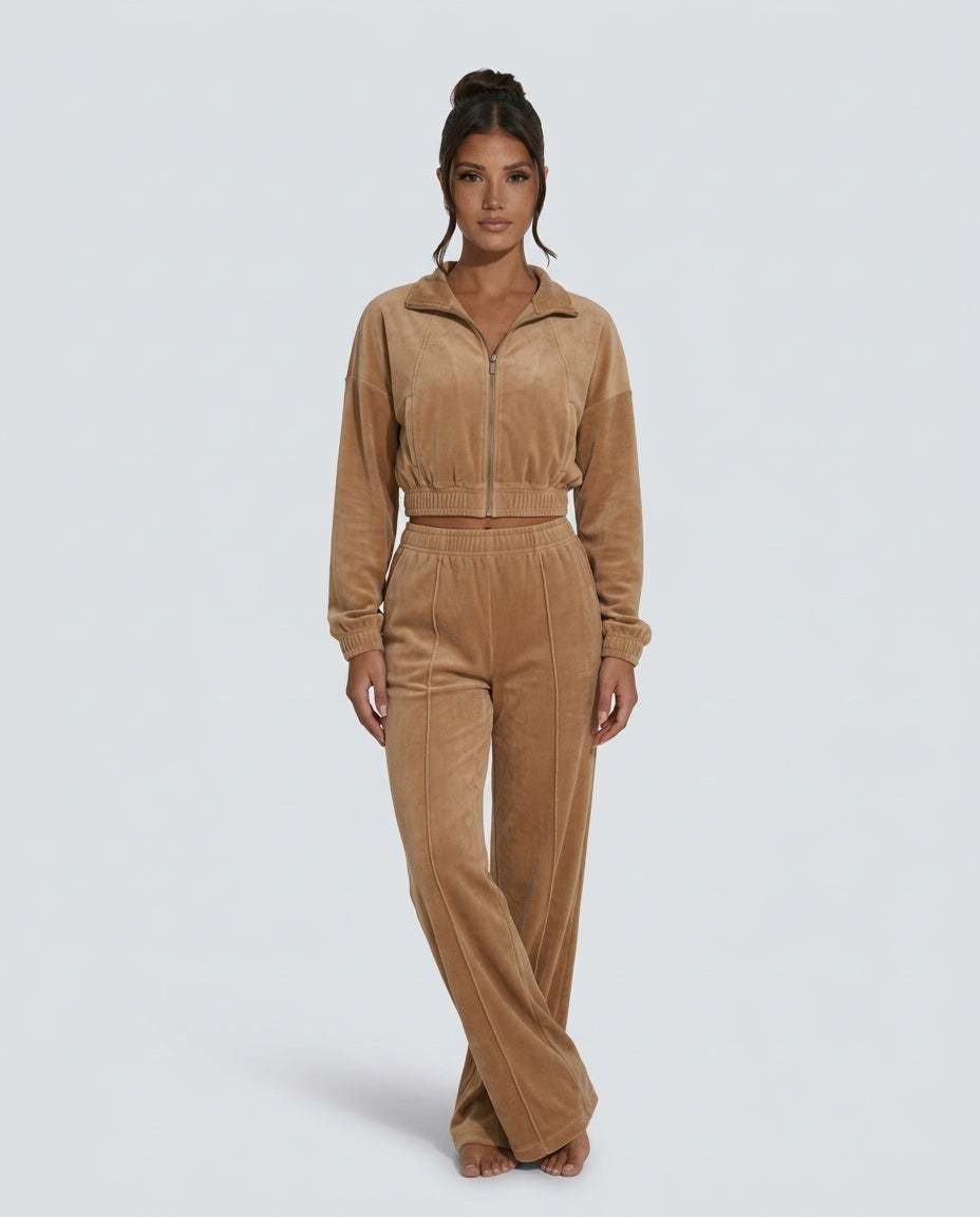 Women's Two Piece Set | Zip Long Sleeve Crop Top Wide Leg Relaxed