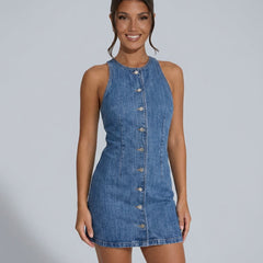 Women's Denim Dress | Mini Length Crew Neck Sleeveless Button-Front