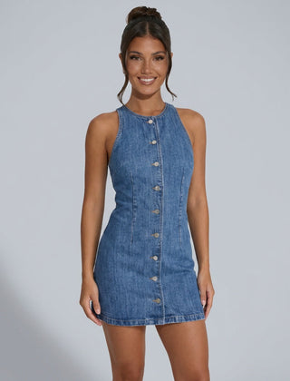 Women's Denim Dress | Mini Length Crew Neck Sleeveless Button-Front